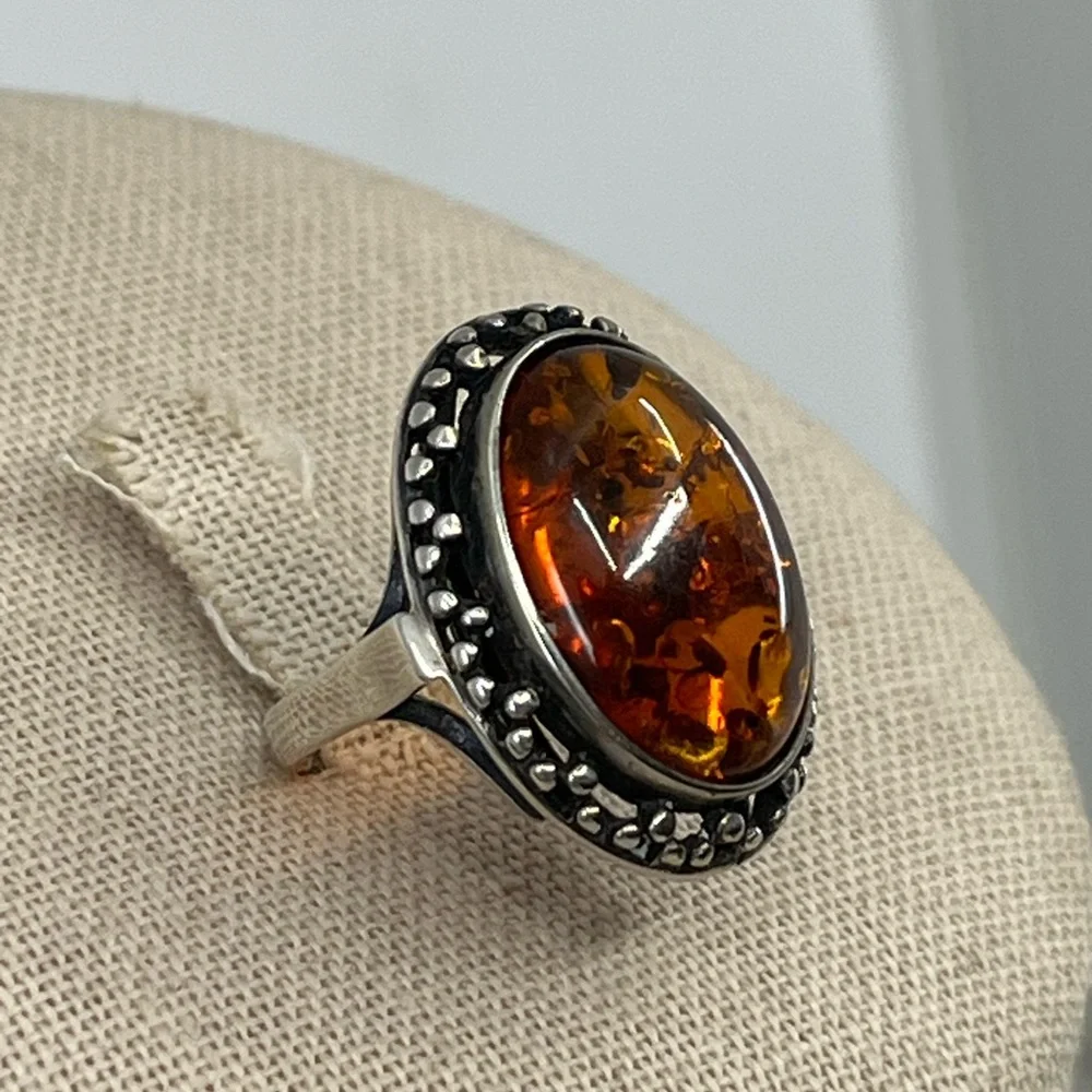 Vintage 925 Poland Baltic Amber Sterling Silver Ring, Size 5.5 - Picture 6 of 16